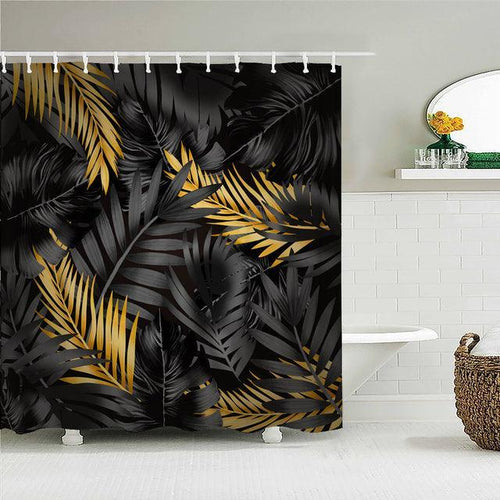 Black & Gold Palms Fabric Shower Curtain - Shower Curtain Emporium