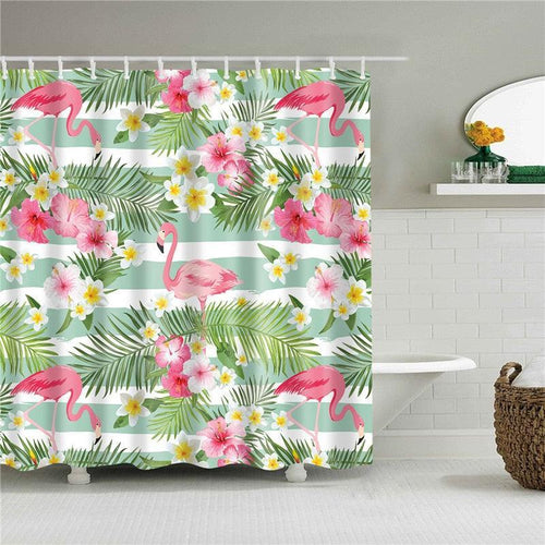 Flamingo Palm Stripes Fabric Shower Curtain - Shower Curtain Emporium