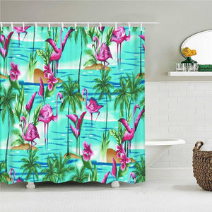 Aqua Flamingo Palms Fabric Shower Curtain - Shower Curtain Emporium