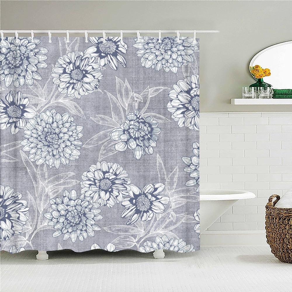 Chambray Flowers Fabric Shower Curtain - Shower Curtain Emporium