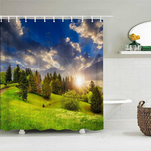 Hillside Forest Sunrise Fabric Shower Curtain - Shower Curtain Emporium