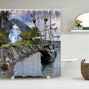 Pirate Ship Cove Fabric Shower Curtain - Shower Curtain Emporium