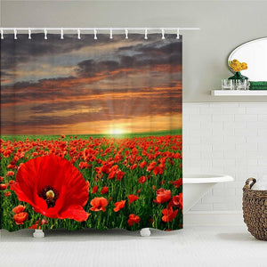 Red Flower Field Fabric Shower Curtain - Shower Curtain Emporium