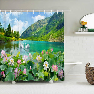 Spring Mountain Swans Fabric Shower Curtain - Shower Curtain Emporium