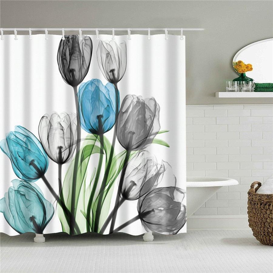 Blue & Grey Flowers Fabric Shower Curtain - Shower Curtain Emporium