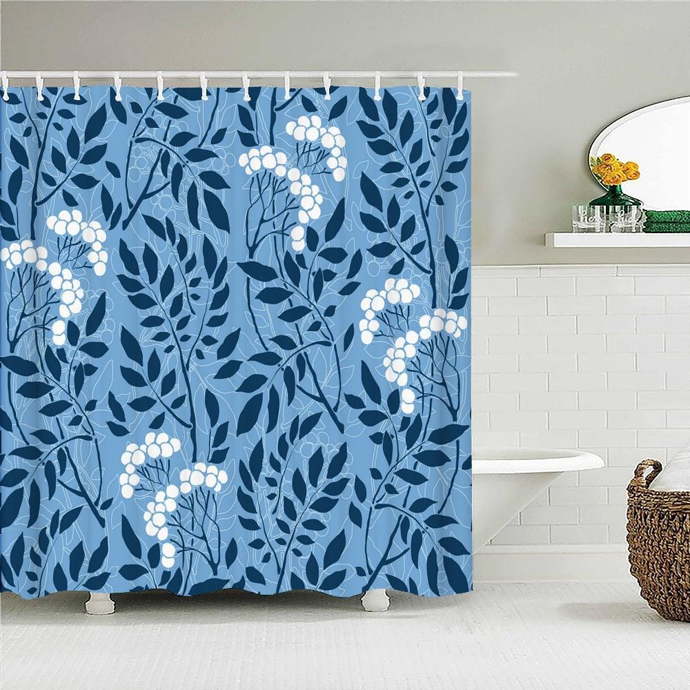 Blue Leaf Print Fabric Shower Curtain - Shower Curtain Emporium