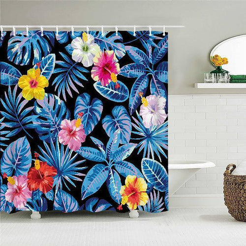 Blue Palm Flowers Fabric Shower Curtain - Shower Curtain Emporium