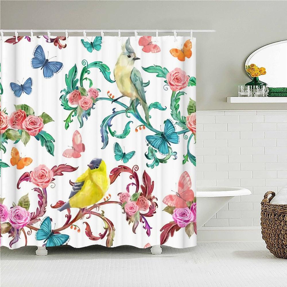Butterfly Rose Birds Fabric Shower Curtain - Shower Curtain Emporium
