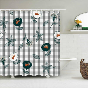 Grey Gingham Flowers Fabric Shower Curtain - Shower Curtain Emporium