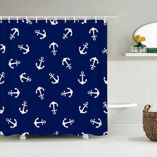 Navy Anchor Print Fabric Shower Curtain - Shower Curtain Emporium