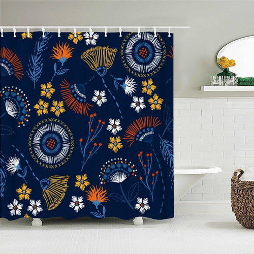Navy Wild Flowers Fabric Shower Curtain - Shower Curtain Emporium