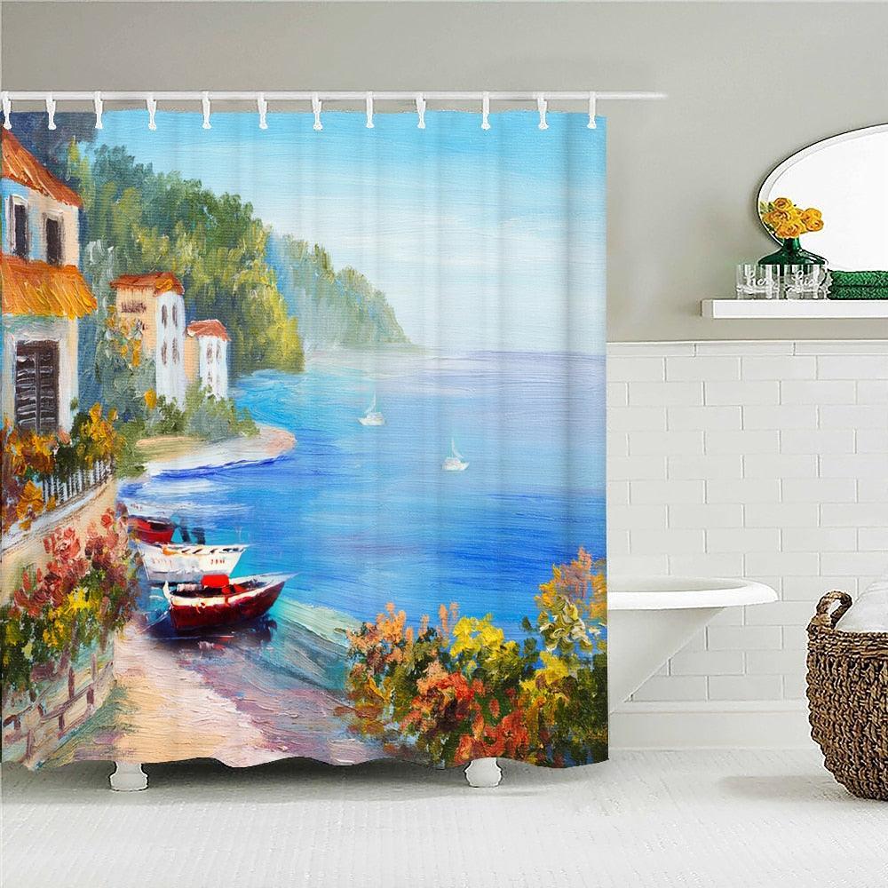 Oceanside Villa Fabric Shower Curtain - Shower Curtain Emporium
