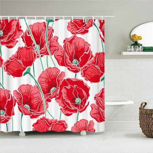 Red Flowers Fabric Shower Curtain - Shower Curtain Emporium