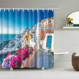 Santorini Flowers Fabric Shower Curtain - Shower Curtain Emporium