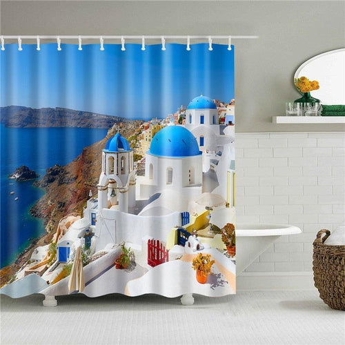 Santorini Greece Fabric Shower Curtain - Shower Curtain Emporium