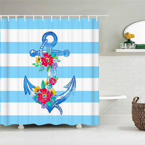 Striped Anchor Flowers Fabric Shower Curtain - Shower Curtain Emporium