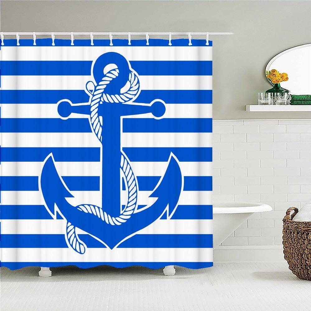 Striped Blue Anchor Fabric Shower Curtain - Shower Curtain Emporium