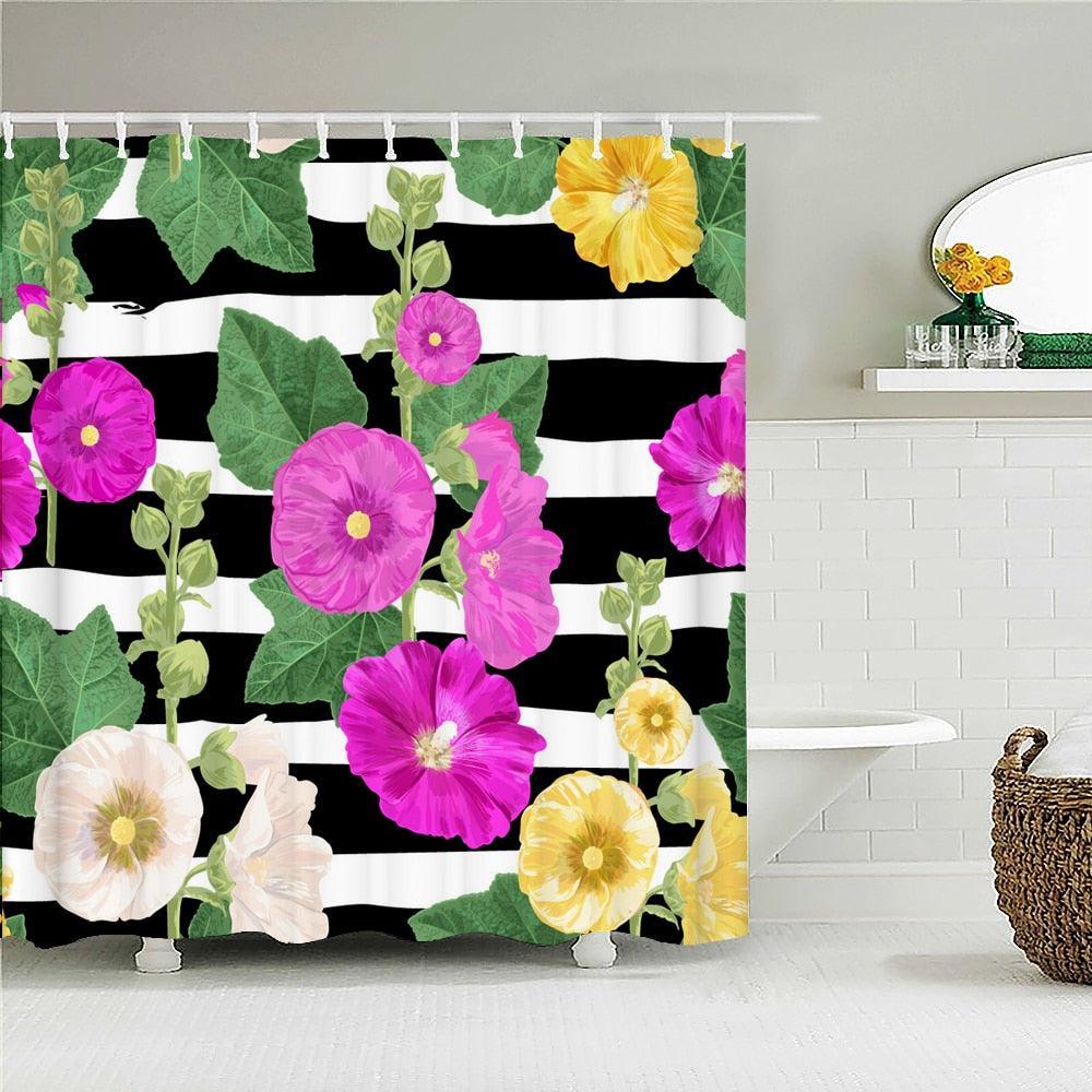 Striped Flowers Fabric Shower Curtain - Shower Curtain Emporium