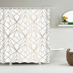White & Gold Modern Fabric Shower Curtain - Shower Curtain Emporium